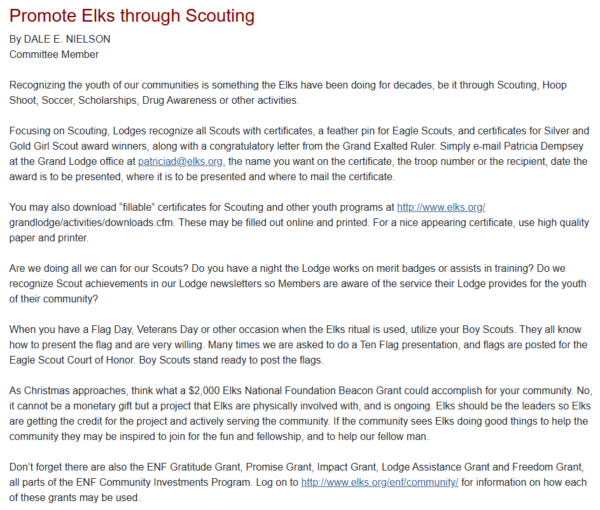 Promote Elks thru Scouting
